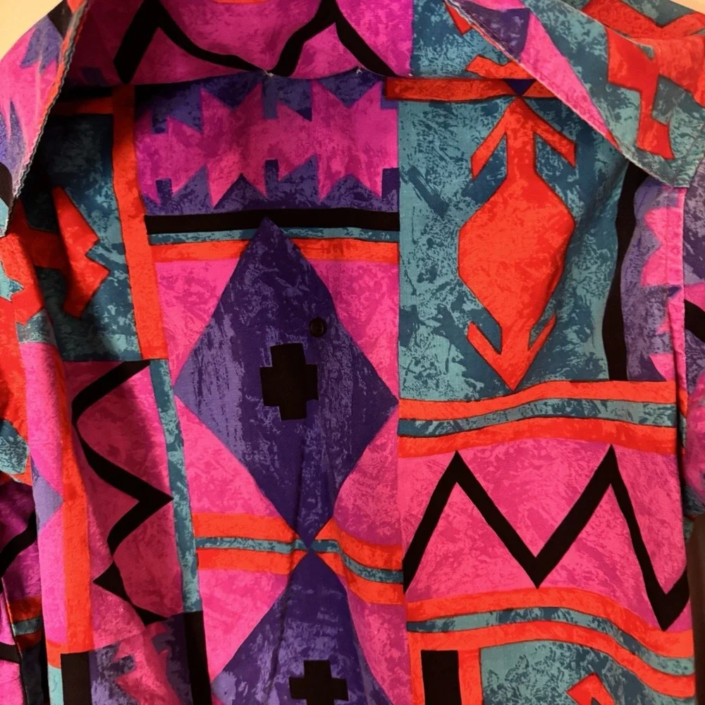 Vintage Wrangler Brushpopper  Aztec Colorful Western 15.5 35 Shirt X-Long Tails